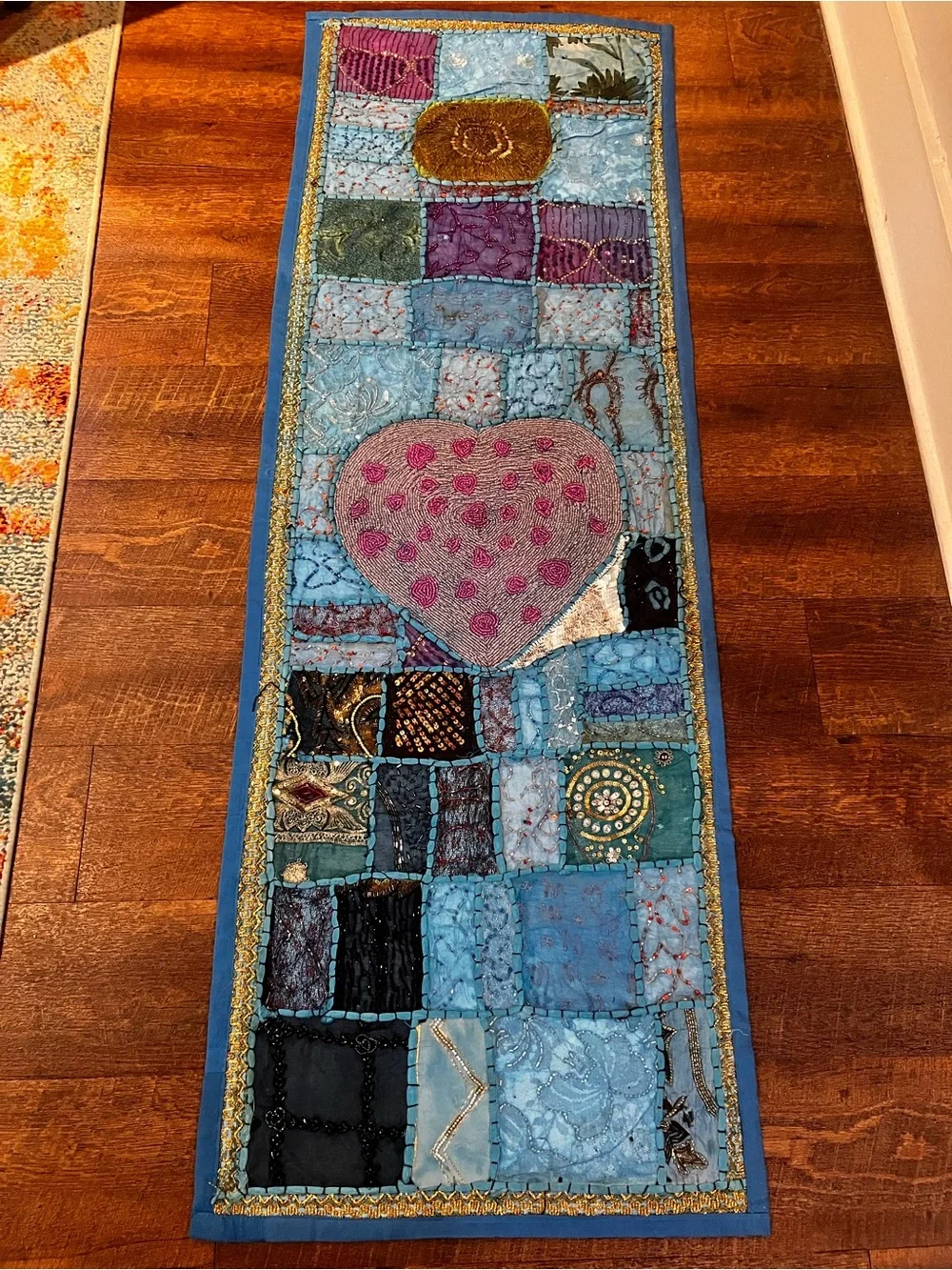 Blue Patchwork Heart Tapestry Table Runner with Pink Accent